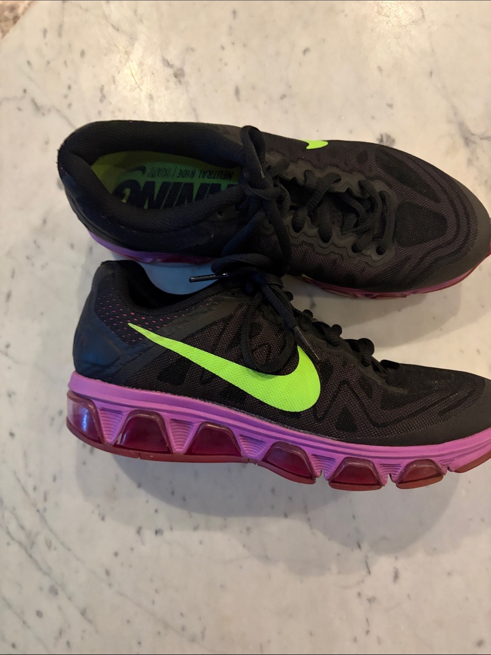 Nike Women's Black Running Shoes with Neon Green Swoosh and Pink Midsole